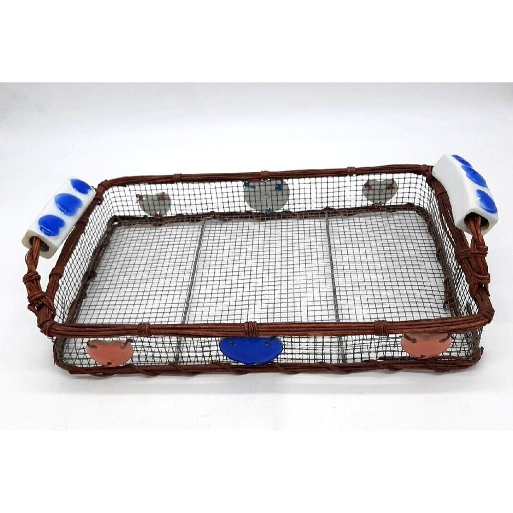 Vtg 15" Wicker & Wire Basket With Ceramic Hearts & Handles Country Farm Decor